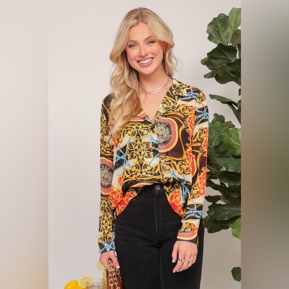 Long Sleeve Chiffon Print Blouse